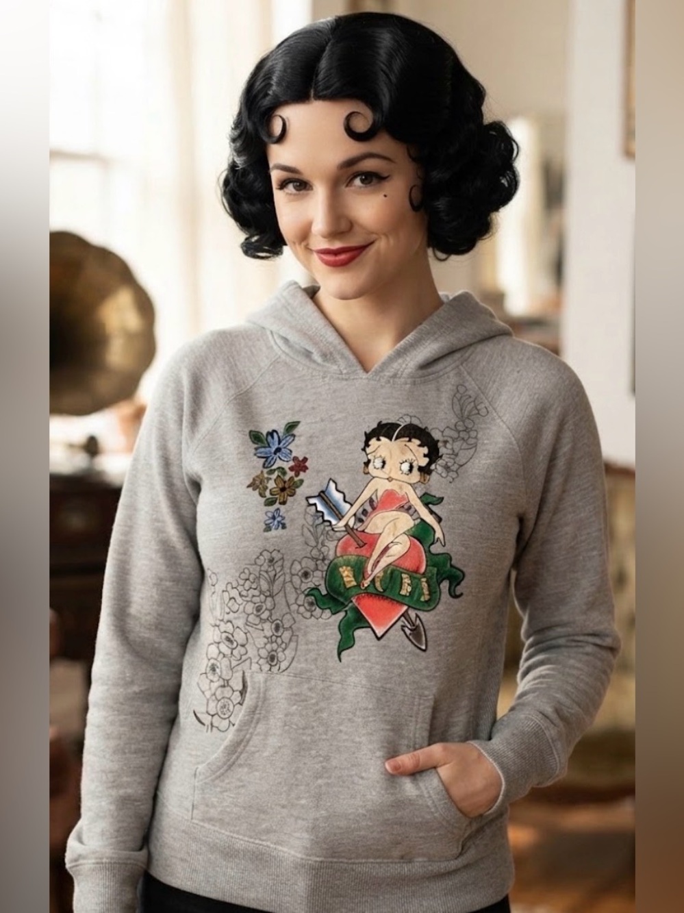Betty Boop Gray Y2K Hoodie Sweater w/Tattoo Graphic Girls XXL